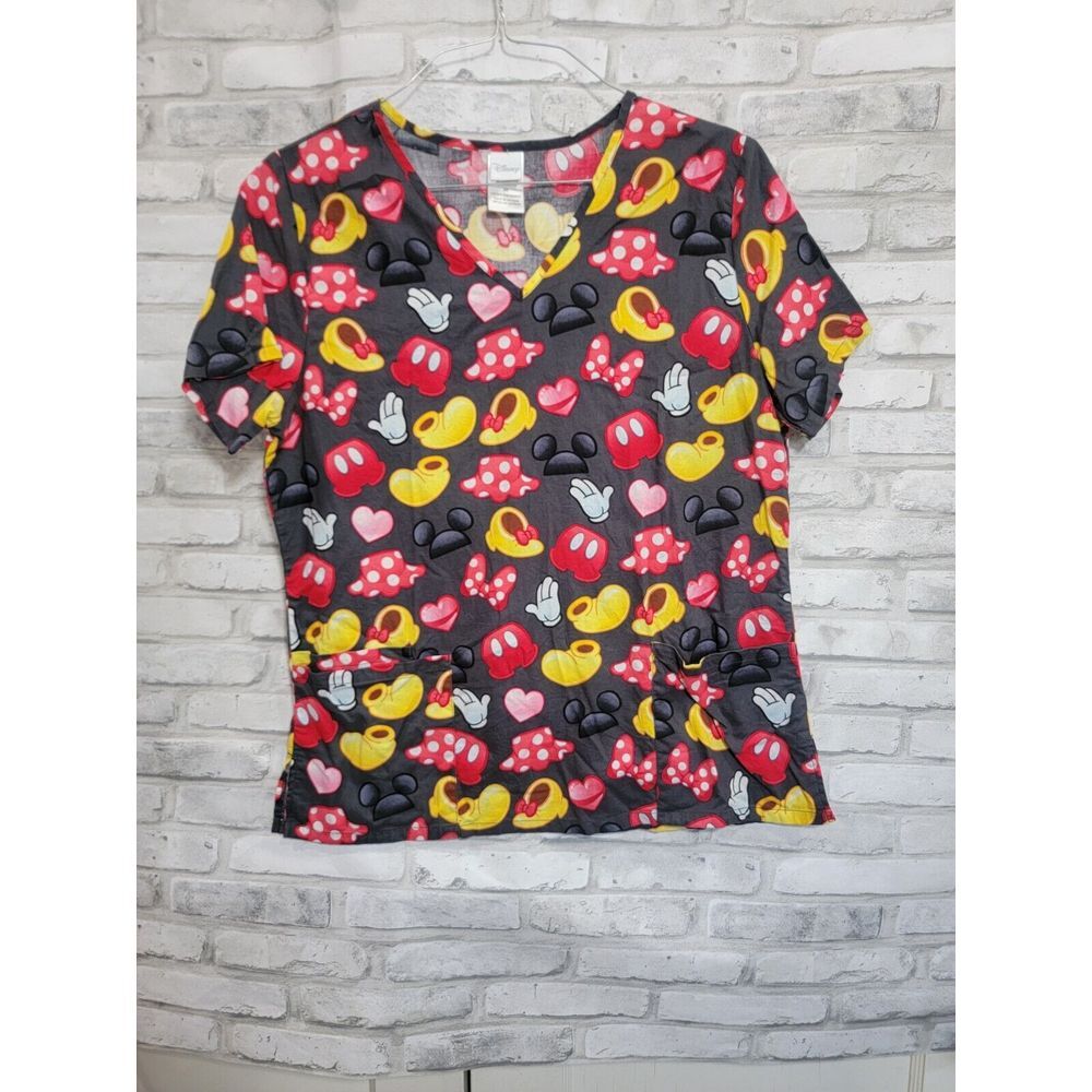 Disney's Mickey and Minnie Emoji Women's V-Neck Printed‎ Scrub Top Medium Clean